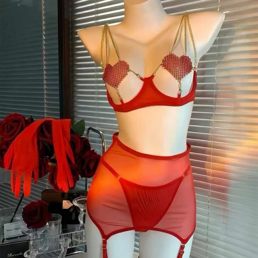 Ruby Spark Rhinestone Cutout Lingerie Set